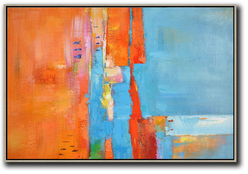 Large Canvas Art,Oversized Horizontal Contemporary Art,Unique Canvas Art,Orange,Sky Blue,Yellow.Etc